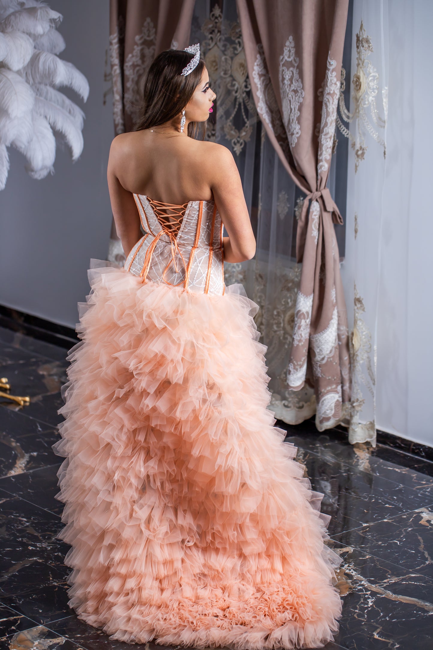 Peach High -Low Ruffled Ball Gown with Corset Bodice