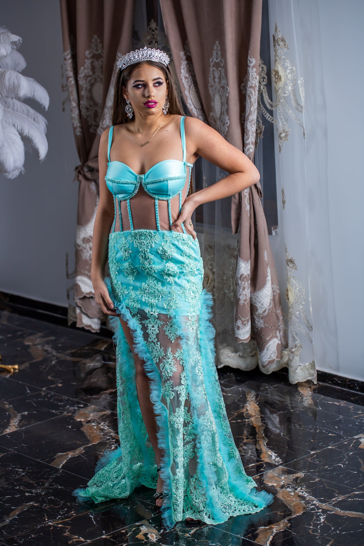 Dress with transparent corset and delicate embroidery and tull decorations