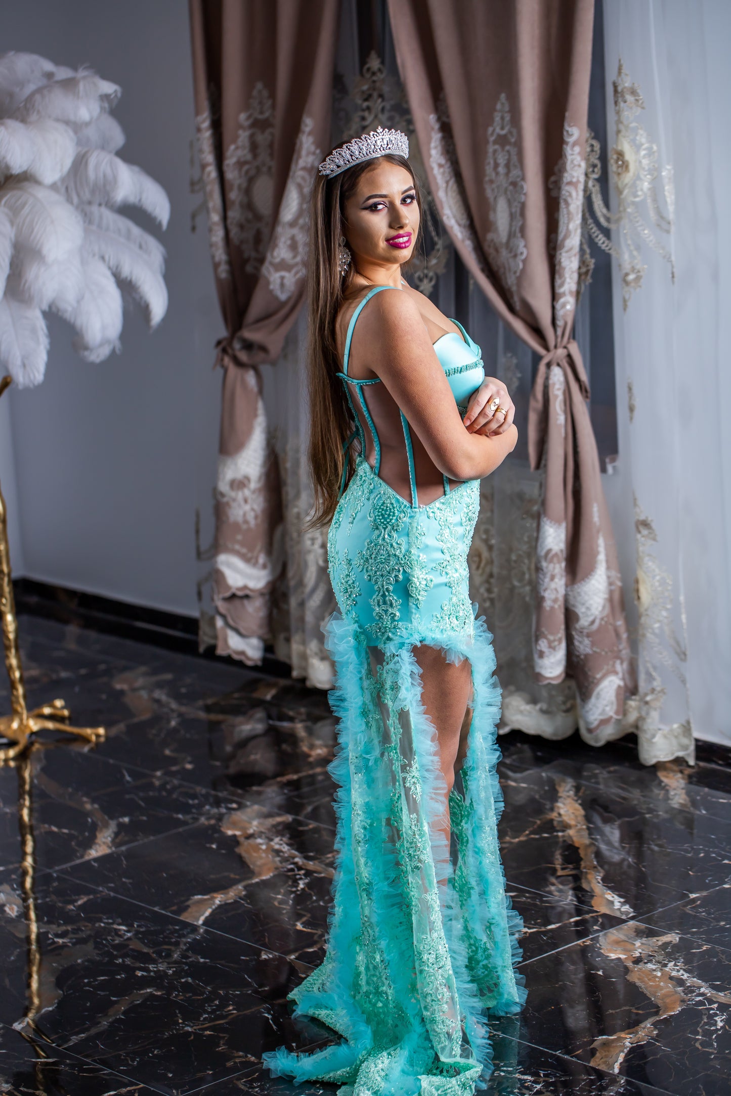 Dress with transparent corset and delicate embroidery and tull decorations