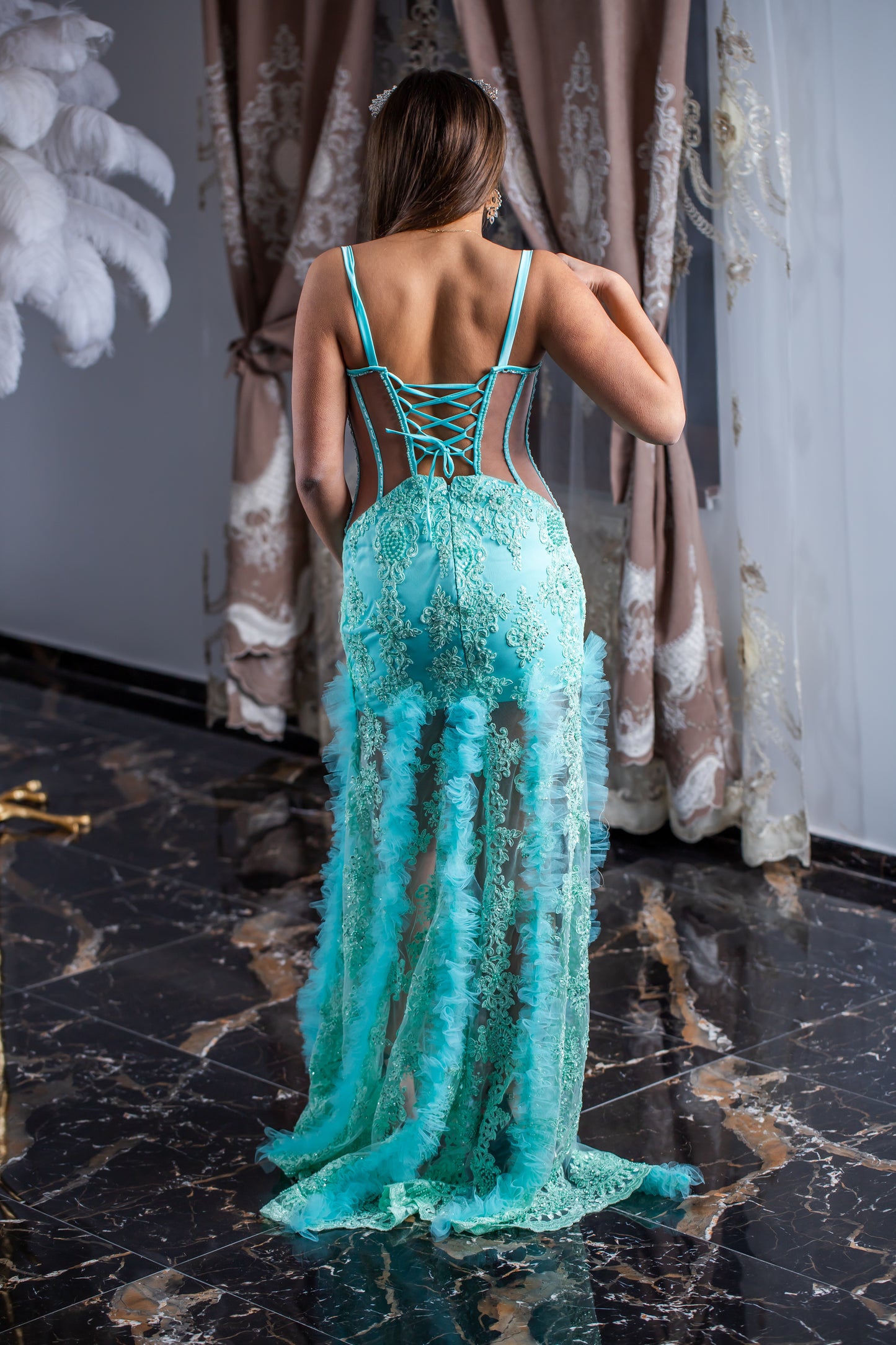 Dress with transparent corset and delicate embroidery and tull decorations