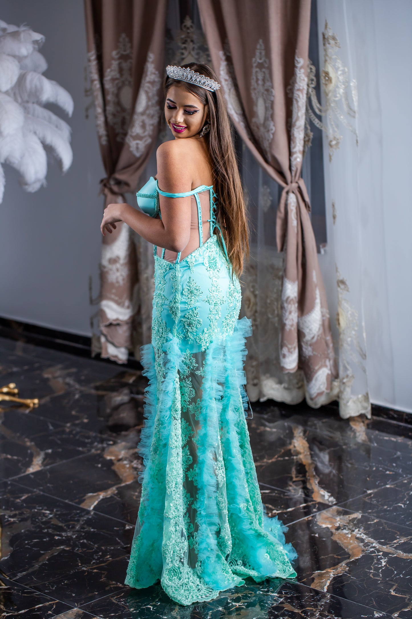 Dress with transparent corset and delicate embroidery and tull decorations