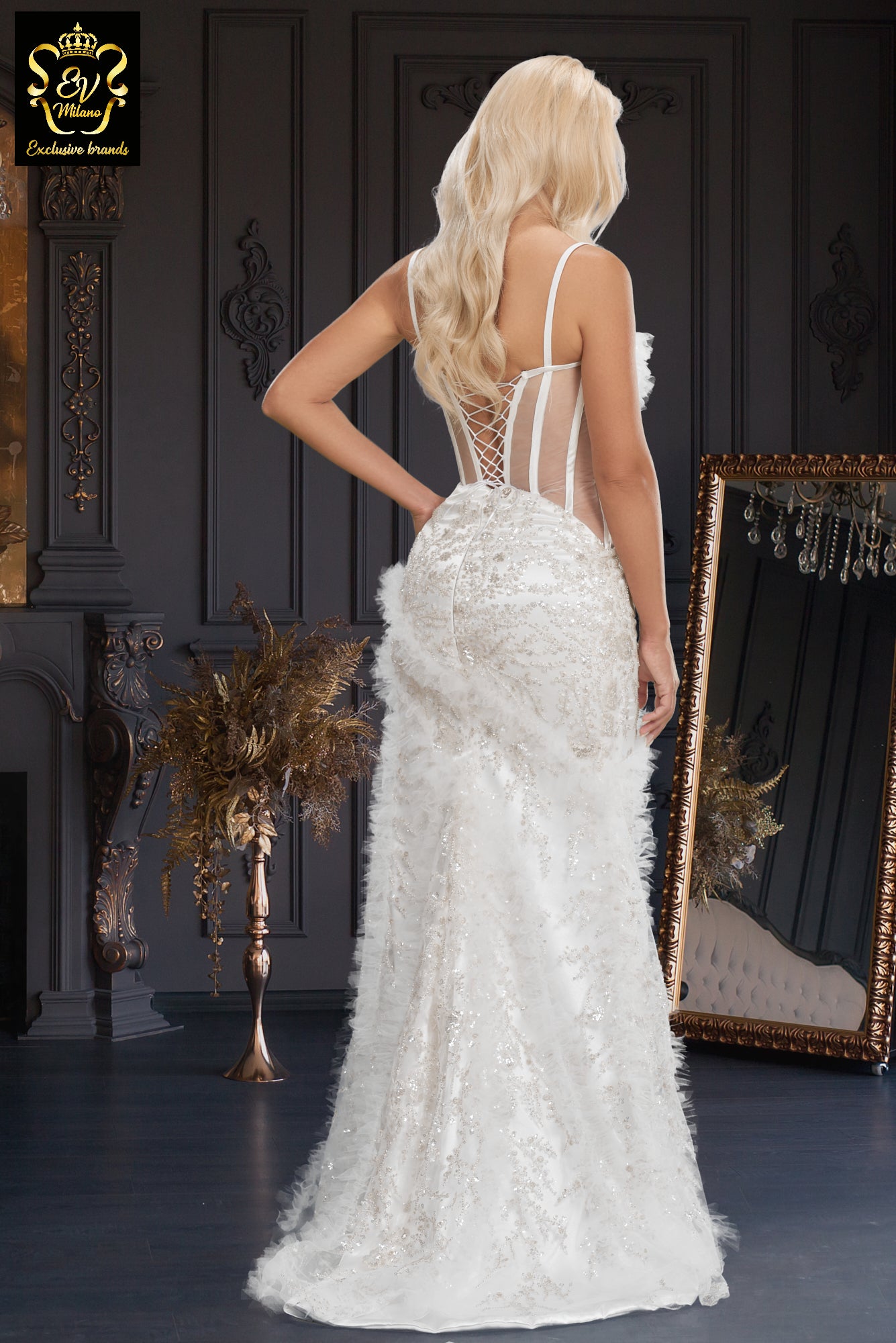 Long wedding dress with thin straps, slit on the leg and train EVM-1001