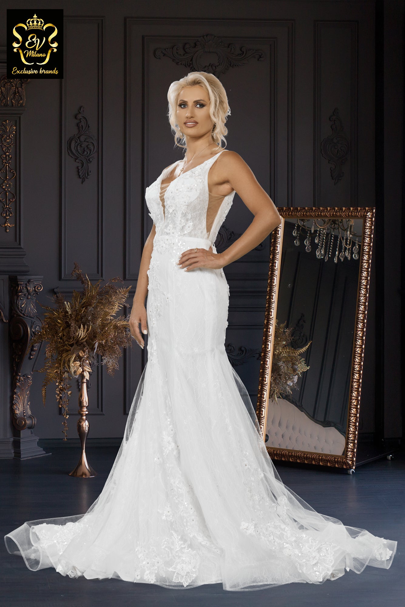 Long wedding dress with wide straps, embroidered pattern and train EVM-1007