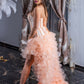 Peach High -Low Ruffled Ball Gown with Corset Bodice