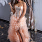 Peach High -Low Ruffled Ball Gown with Corset Bodice