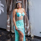 Dress with transparent corset and delicate embroidery and tull decorations