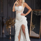 Long wedding dress with thin straps, slit on the leg and train EVM-1001