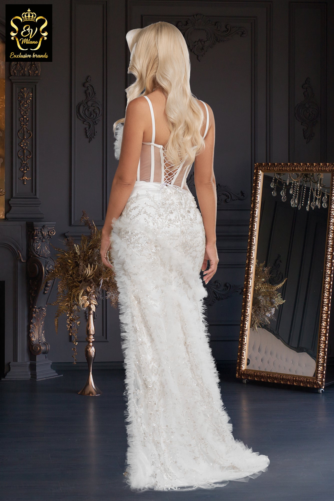 Long wedding dress with thin straps, slit on the leg and train EVM-1001