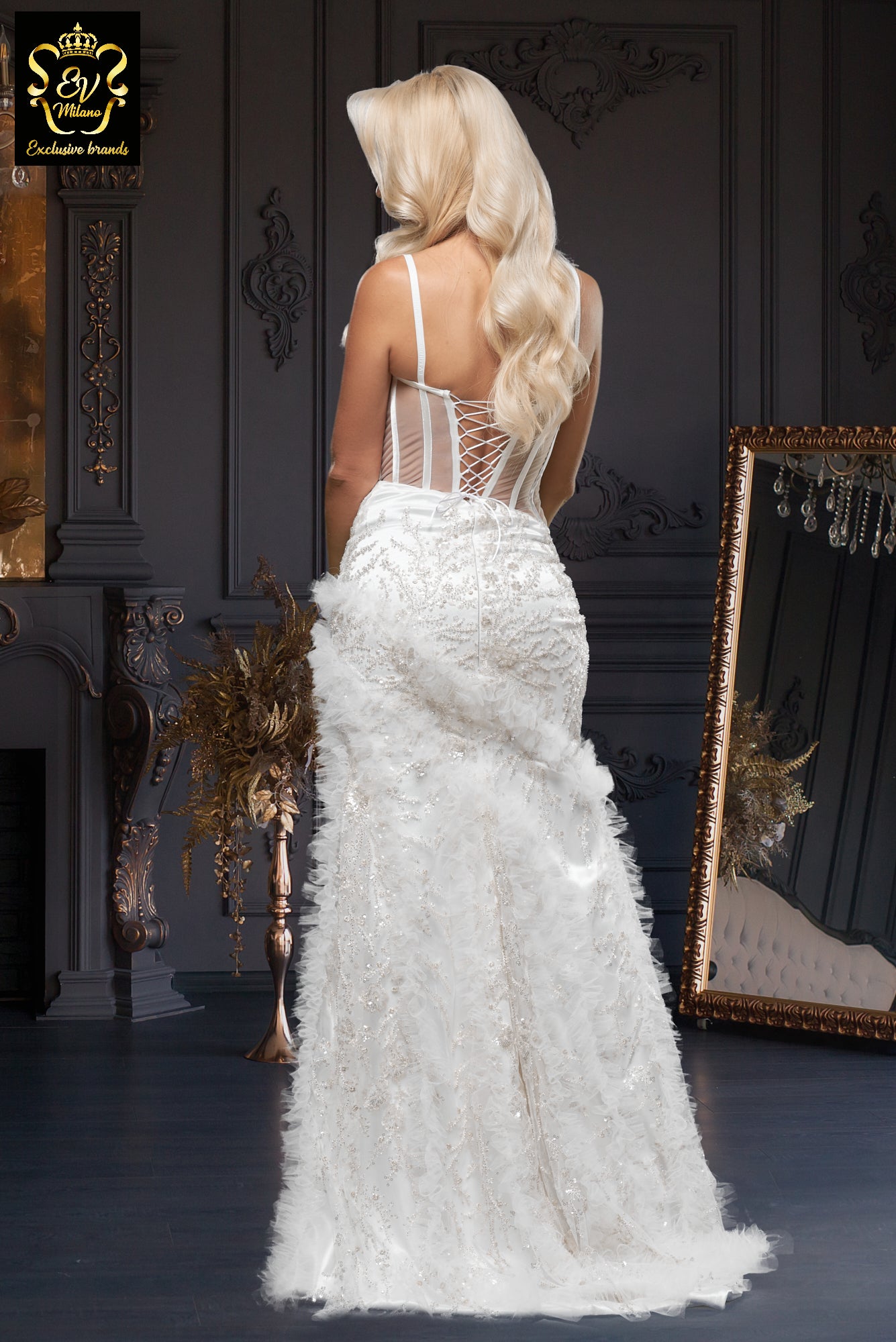 Long wedding dress with thin straps, slit on the leg and train EVM-1001