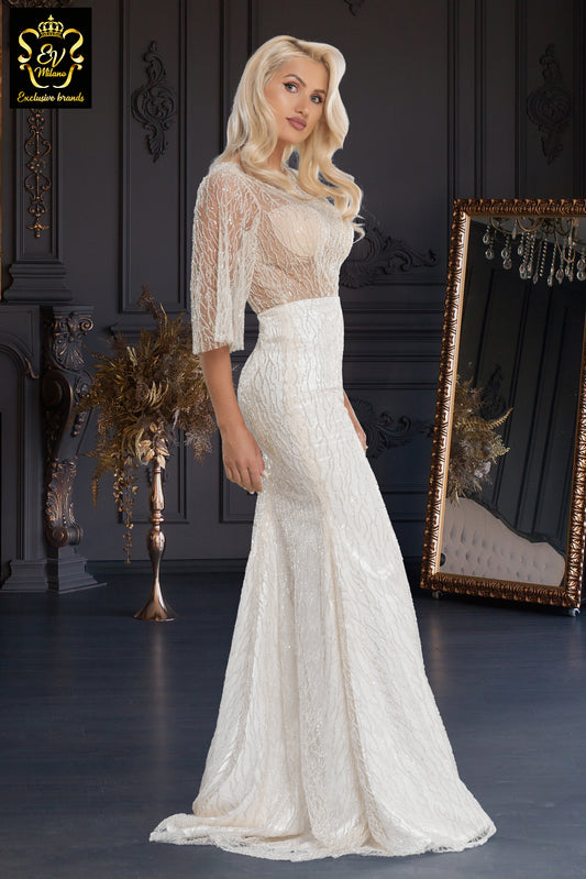 Long wedding dress with three-quarter sleeves and train EVM-1003