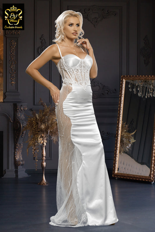 Long wedding dress with thin straps, transparent model and train EVM-1010