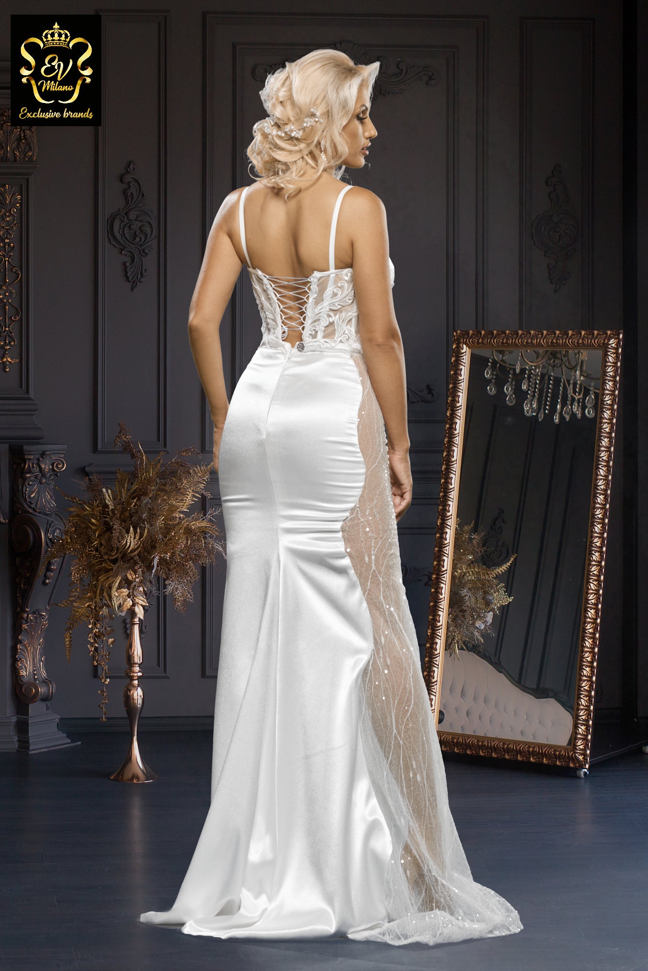 Long wedding dress with thin straps, transparent model and train EVM-1010