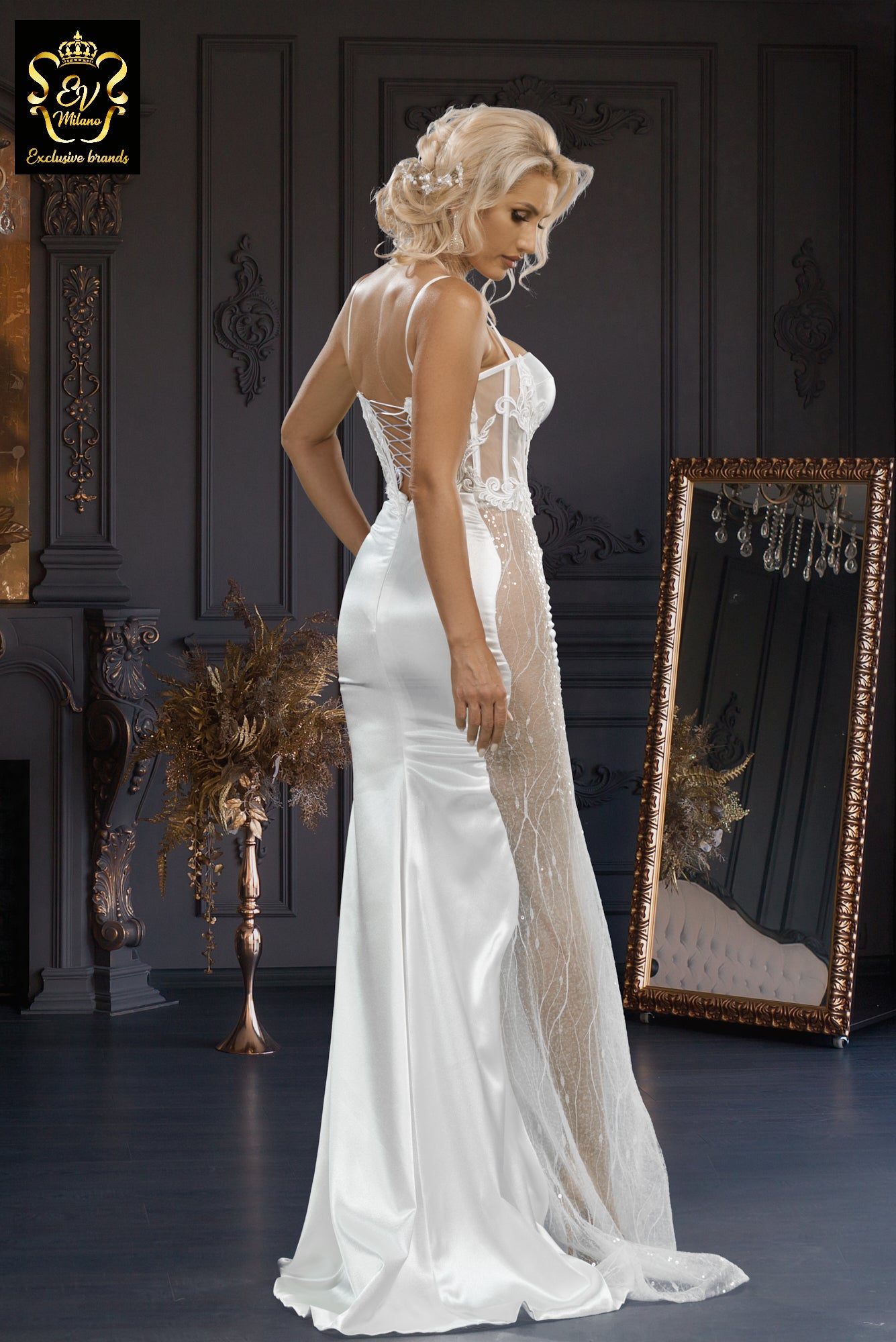 Long wedding dress with thin straps, transparent model and train EVM-1010