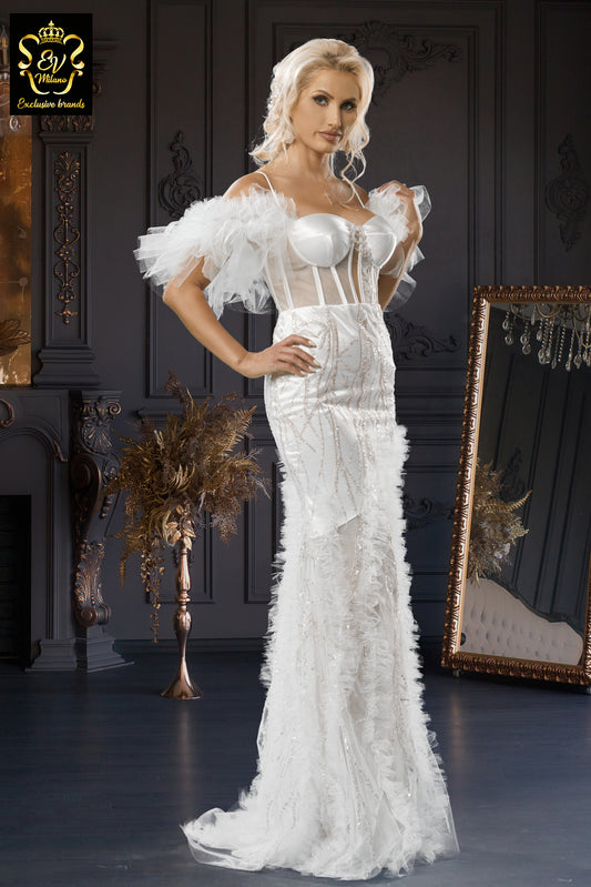 Long wedding dress with thin straps, transparent and tulle model  EVM-1011