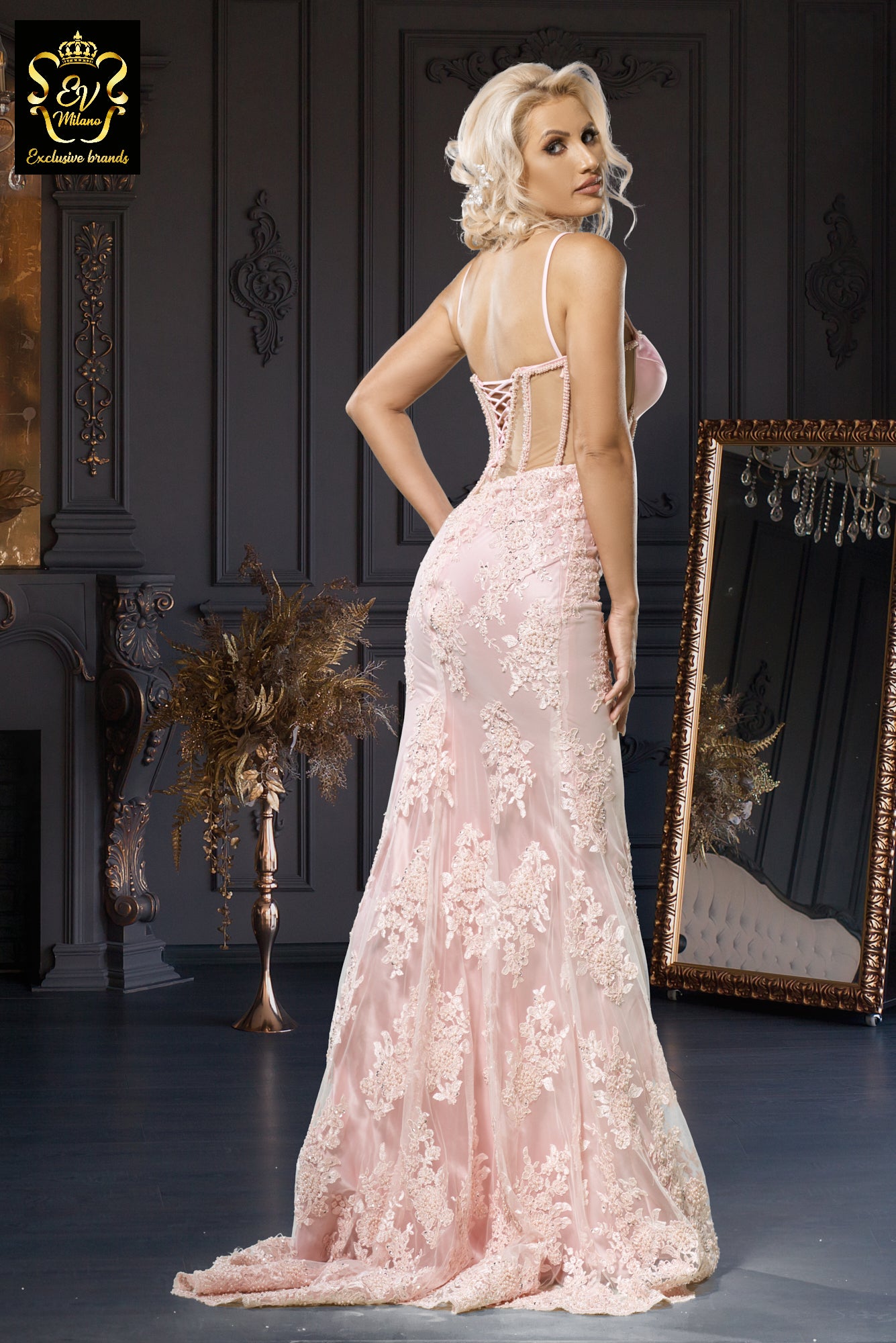 Long evening dress with thin straps and transparent model EVM-1016