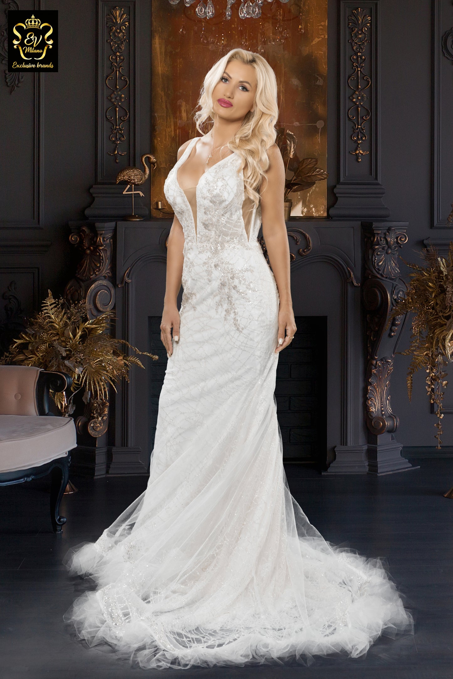 Long wedding dress with wide straps, v-neckline and train EVM-1021