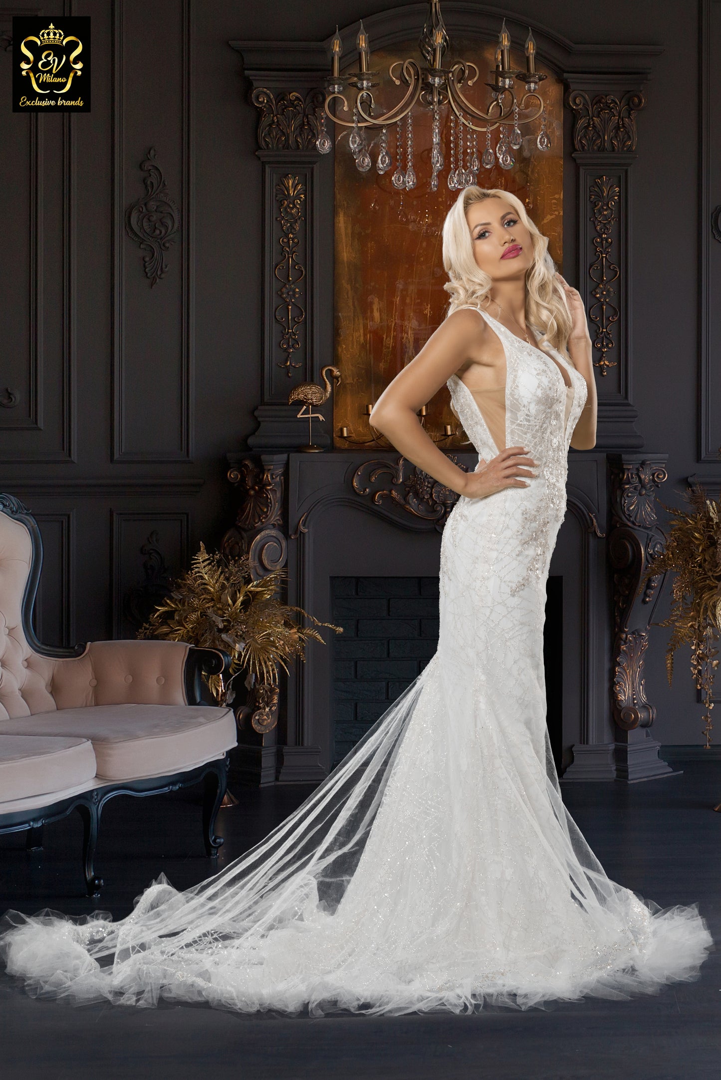 Long wedding dress with wide straps, v-neckline and train EVM-1021