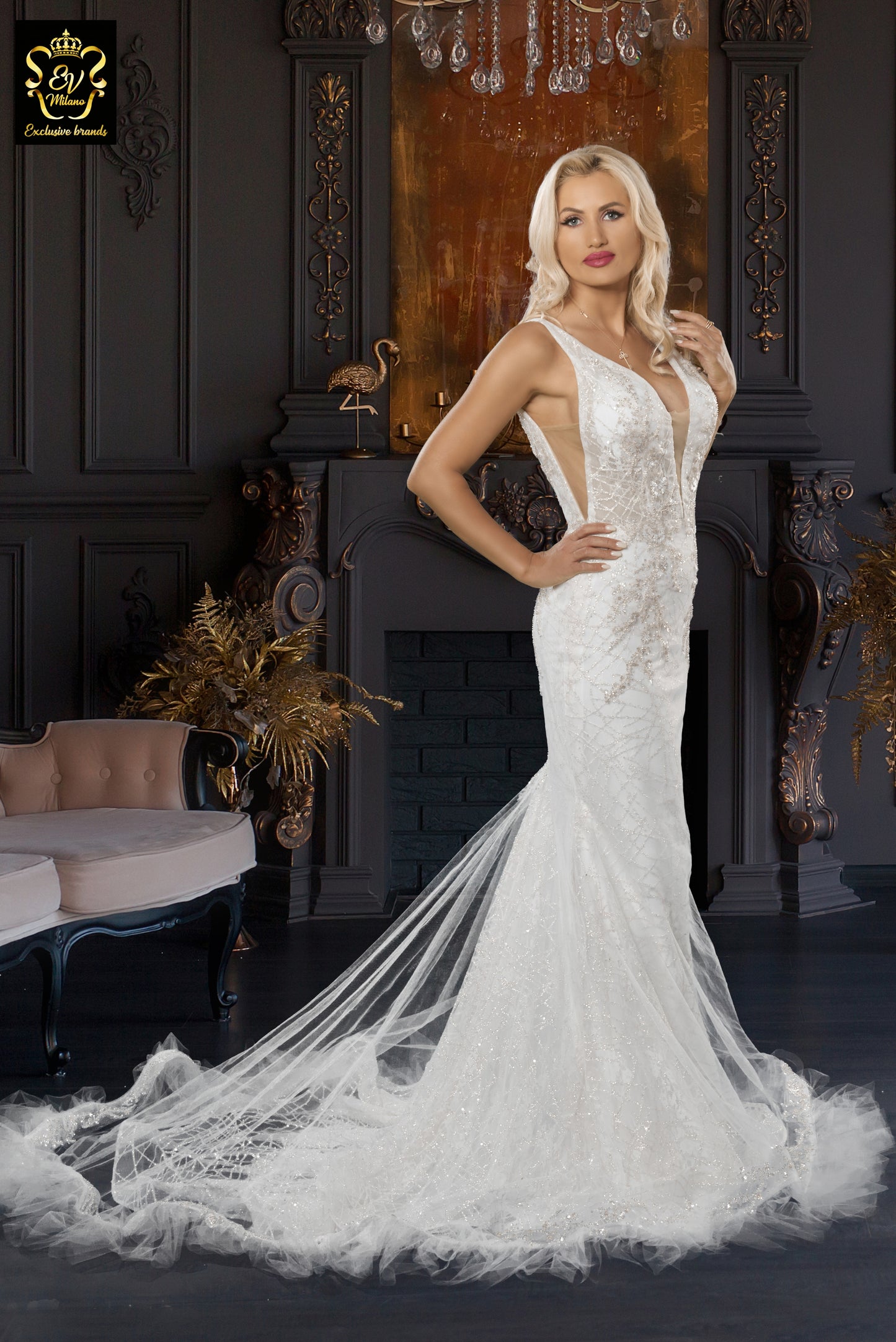 Long wedding dress with wide straps, v-neckline and train EVM-1021