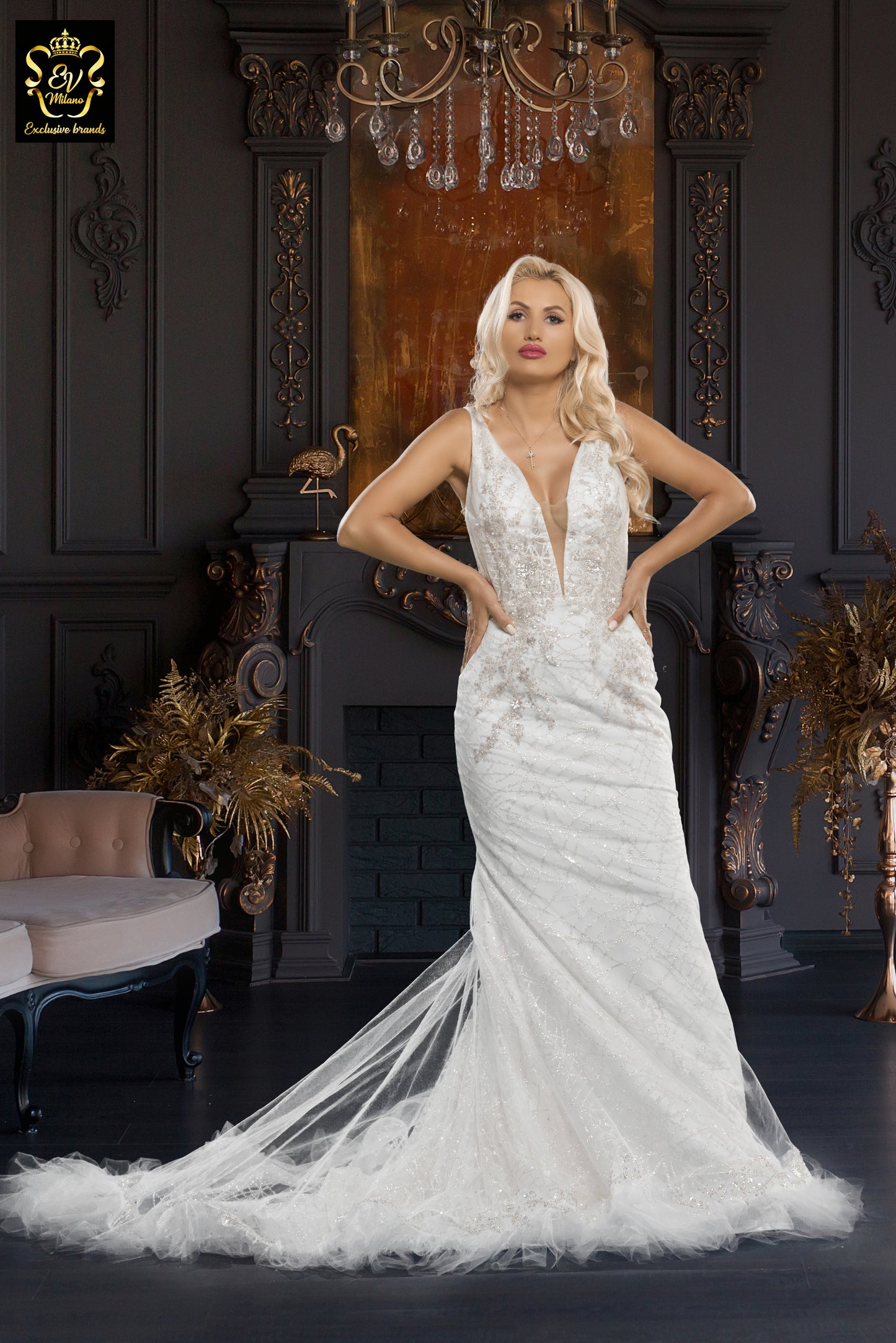 Long wedding dress with wide straps, v-neckline and train EVM-1021