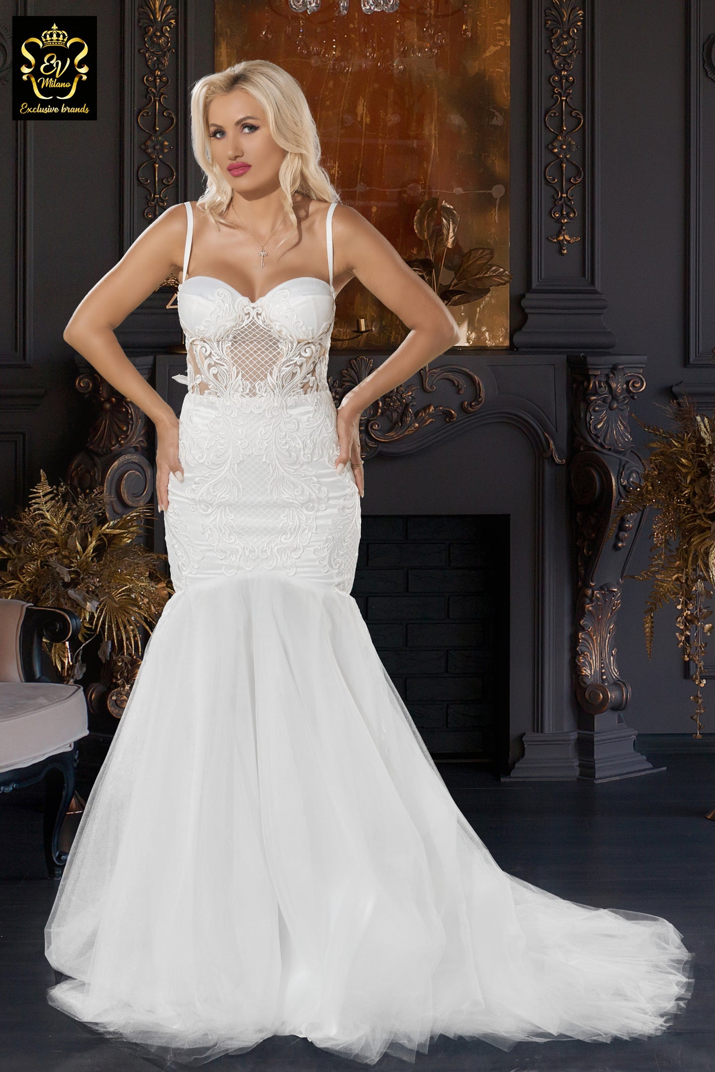 Long wedding dress with thin straps, semi-transparent model and train EVM-1022