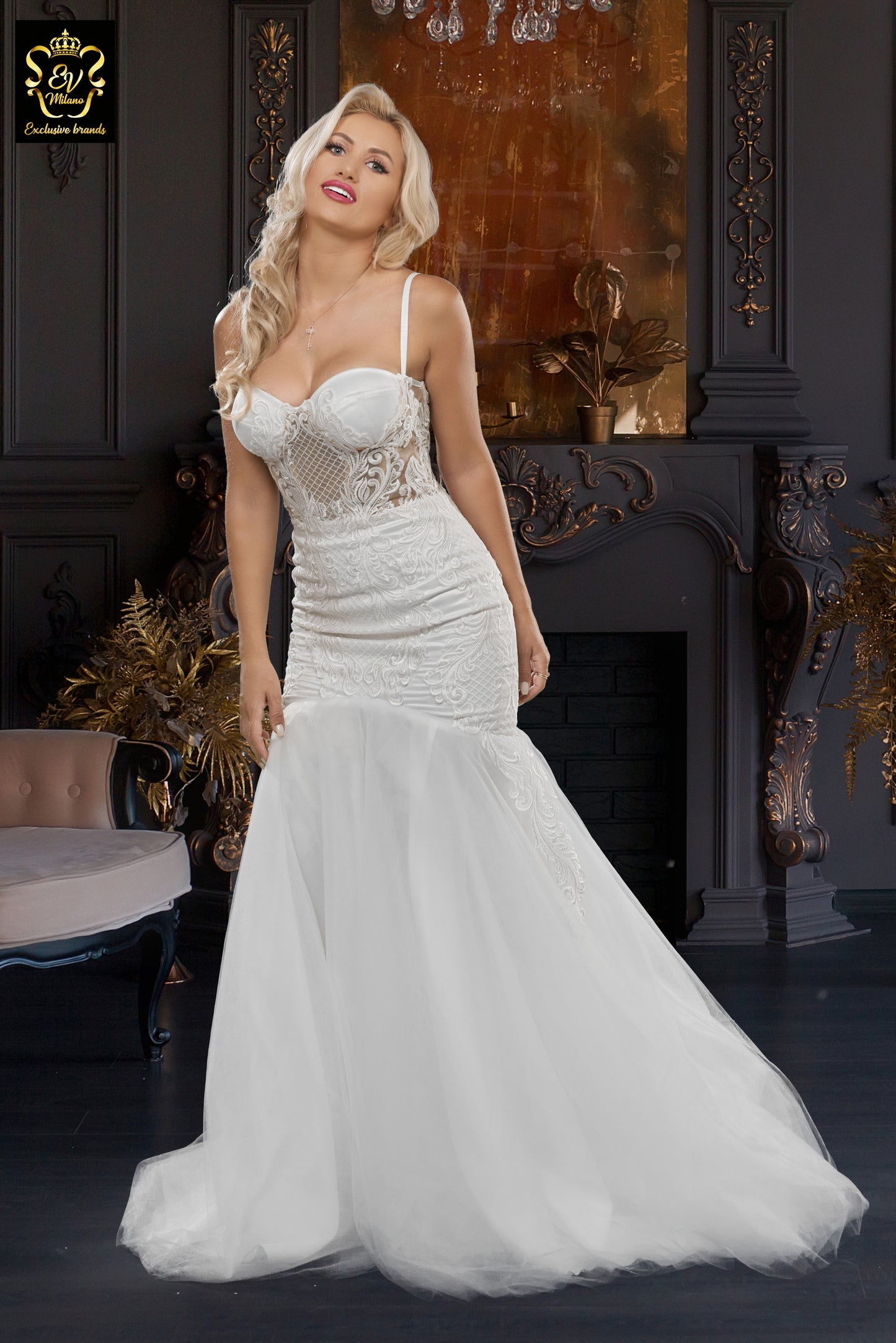 Long wedding dress with thin straps, semi-transparent model and train EVM-1022