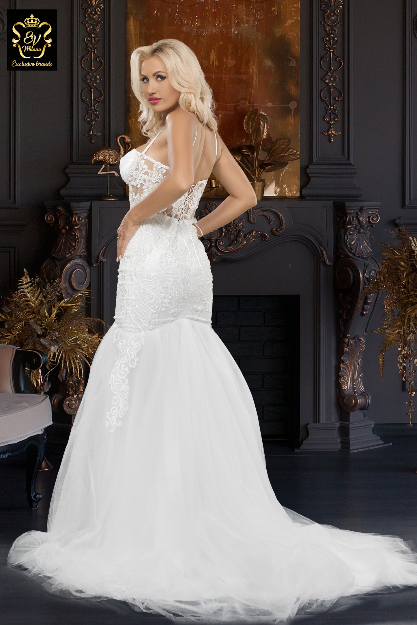 Long wedding dress with thin straps, semi-transparent model and train EVM-1022