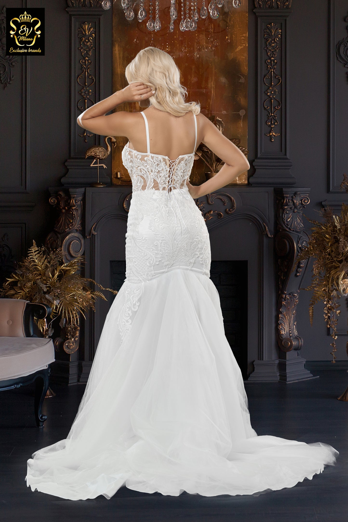 Long wedding dress with thin straps, semi-transparent model and train EVM-1022