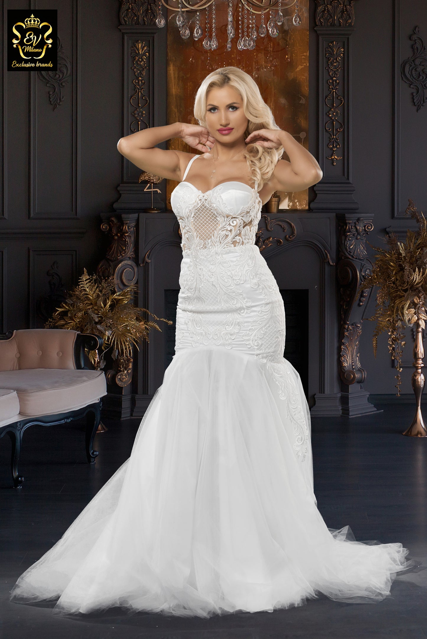 Long wedding dress with thin straps, semi-transparent model and train EVM-1022