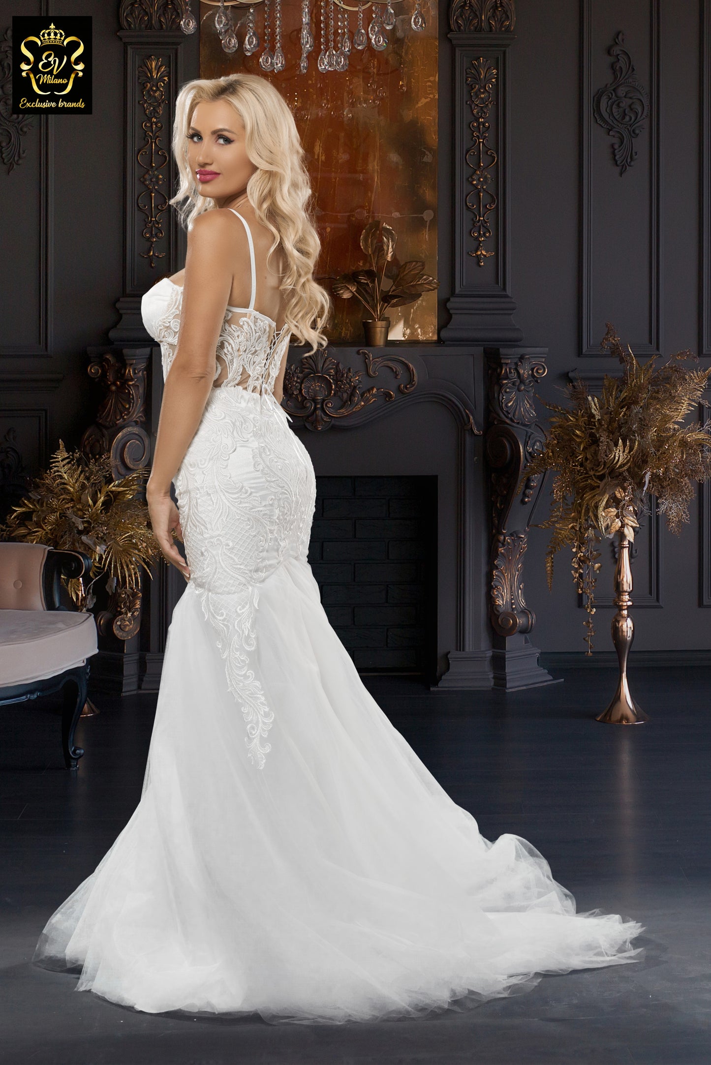 Long wedding dress with thin straps, semi-transparent model and train EVM-1022