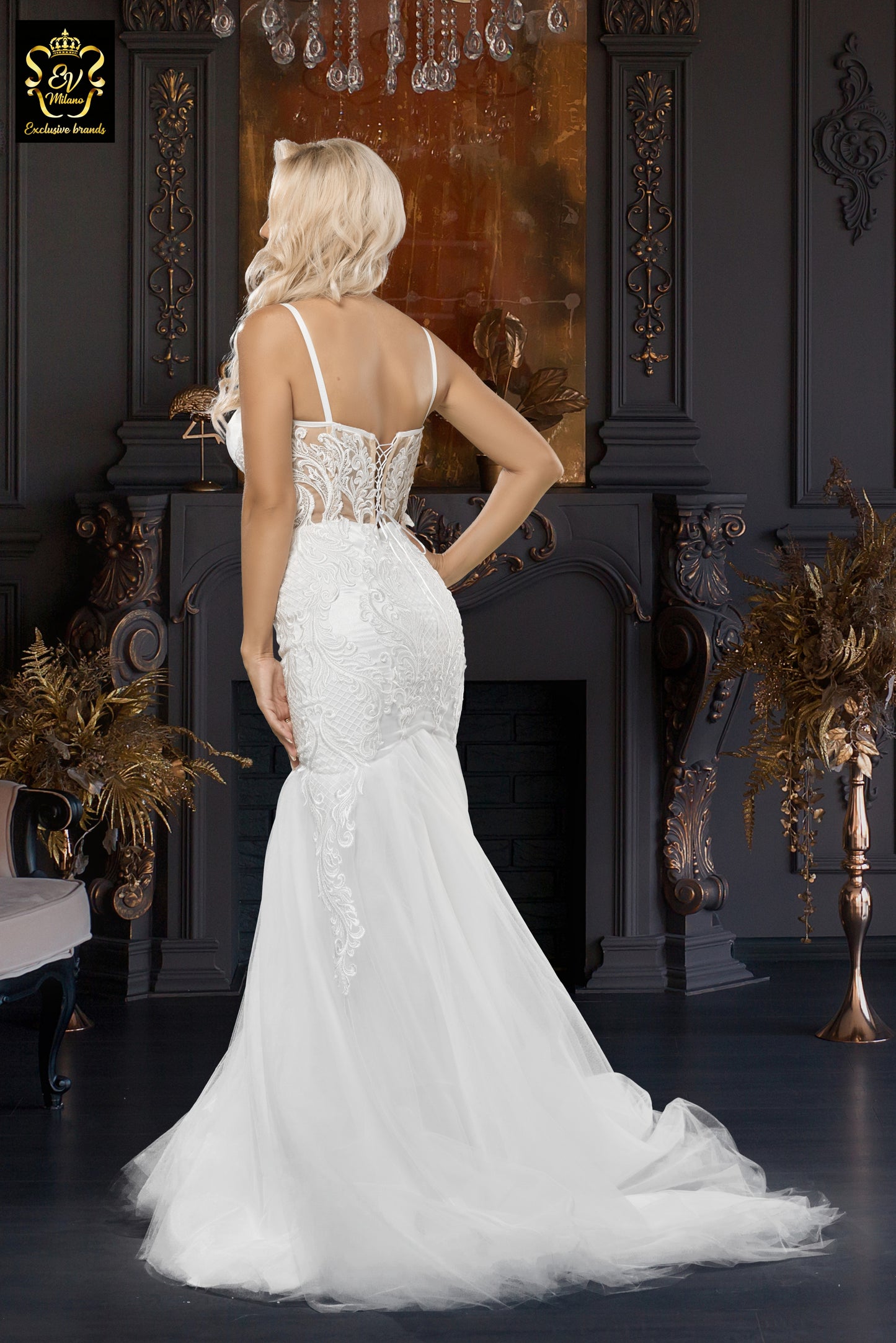 Long wedding dress with thin straps, semi-transparent model and train EVM-1022