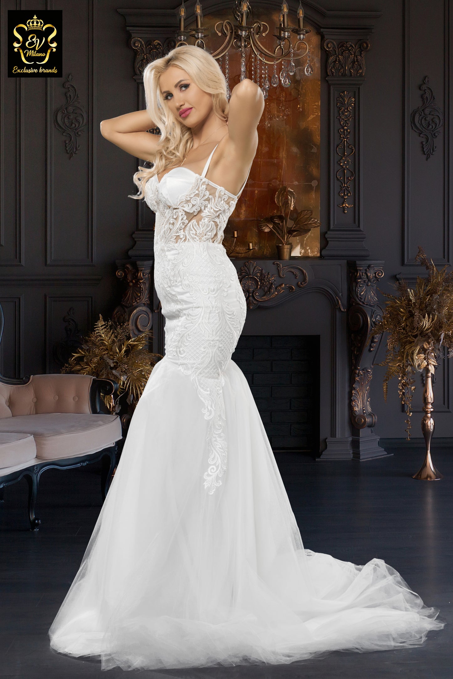 Long wedding dress with thin straps, semi-transparent model and train EVM-1022