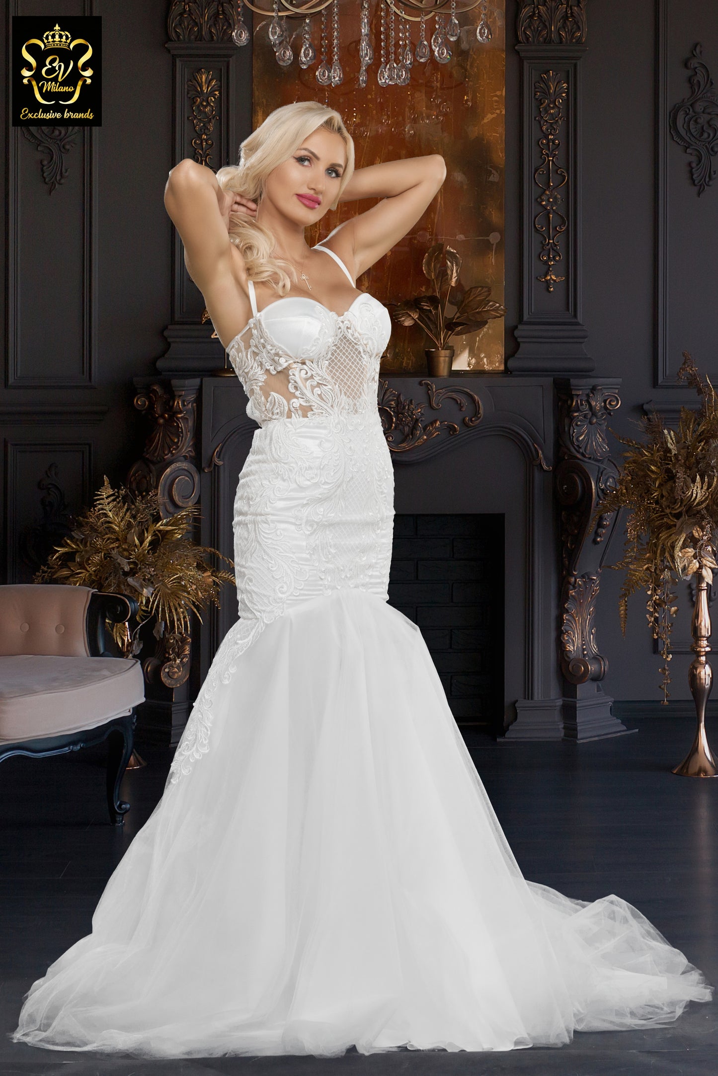 Long wedding dress with thin straps, semi-transparent model and train EVM-1022