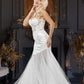 Long wedding dress with semi-transparent model and tulle train EVM-1024