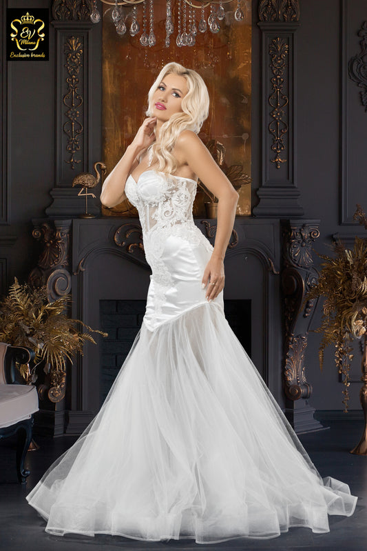 Long wedding dress with semi-transparent model and tulle train EVM-1024