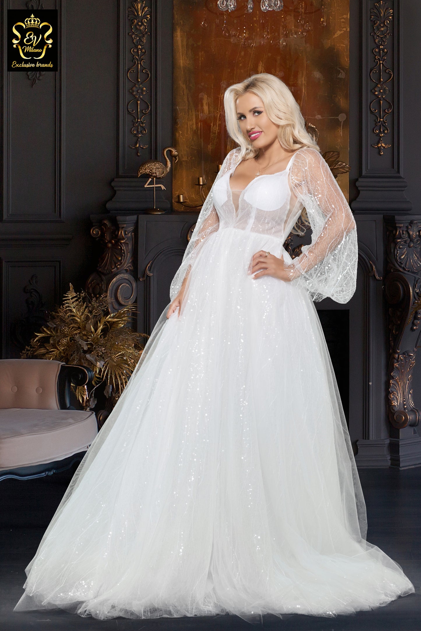 Long wedding dress with v-neckline and long sleeve EVM-1025