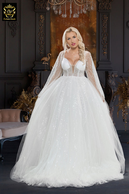 Long wedding dress with v-neckline and long sleeve EVM-1025