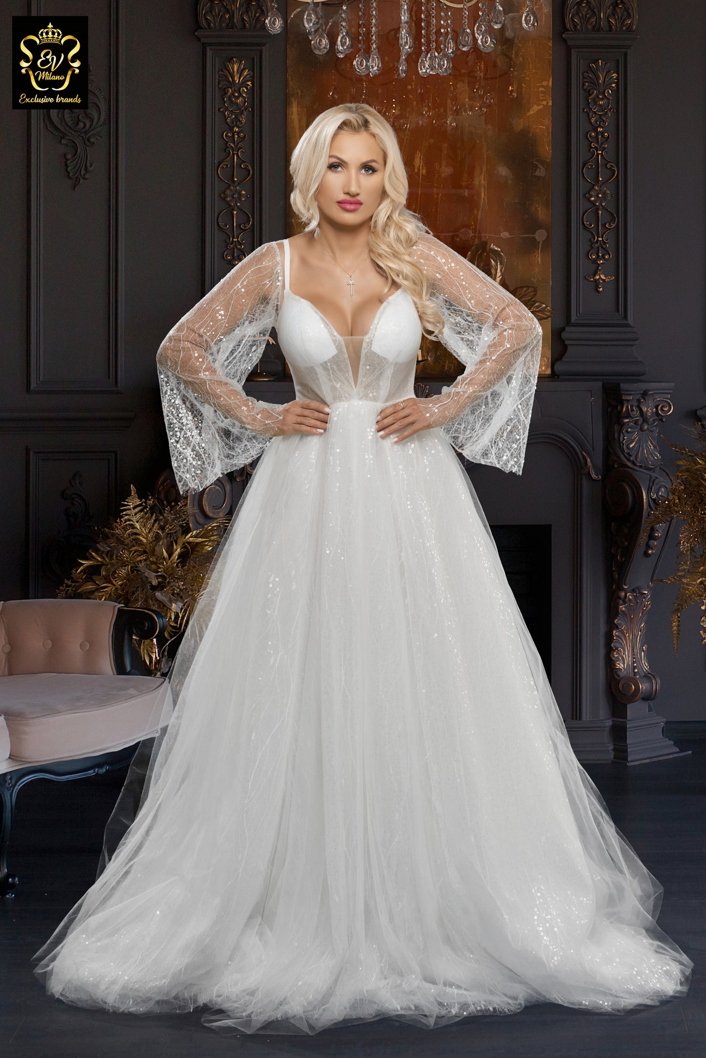 Long wedding dress with v-neckline and long sleeve EVM-1025