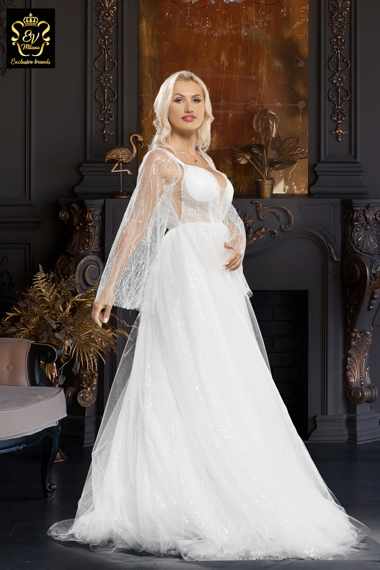 Long wedding dress with v-neckline and long sleeve EVM-1025