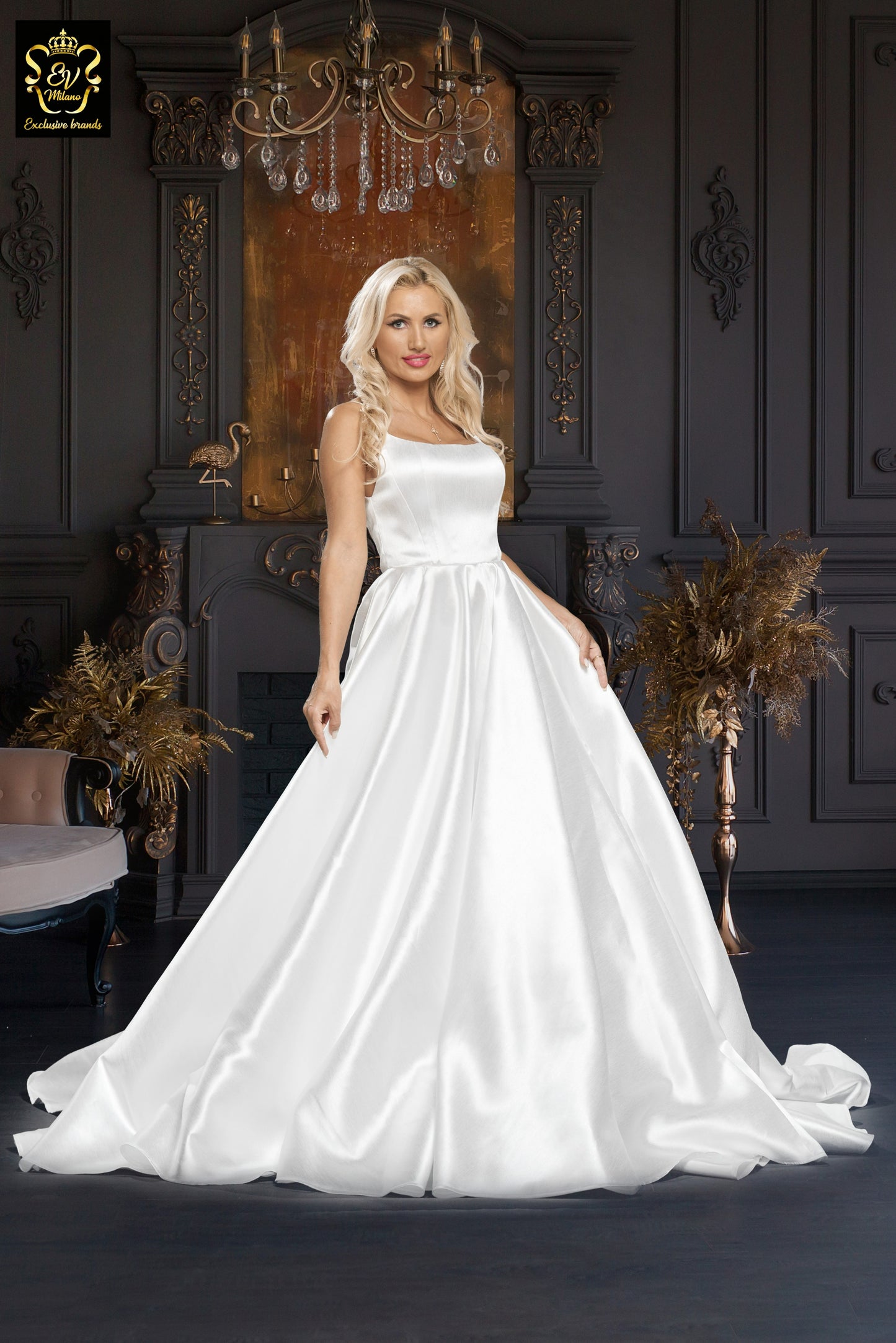 Long wedding dress with thin straps and long train EVM-1026