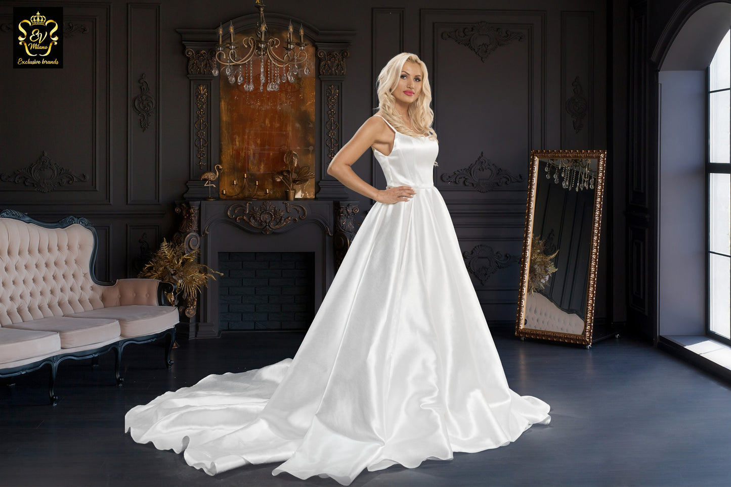 Long wedding dress with thin straps and long train EVM-1026