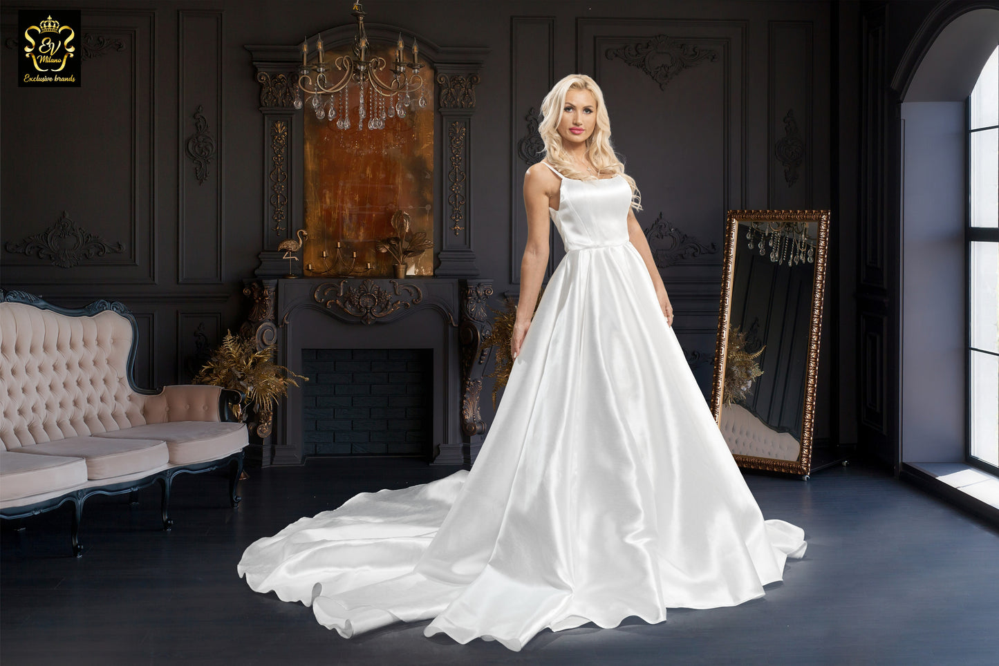 Long wedding dress with thin straps and long train EVM-1026