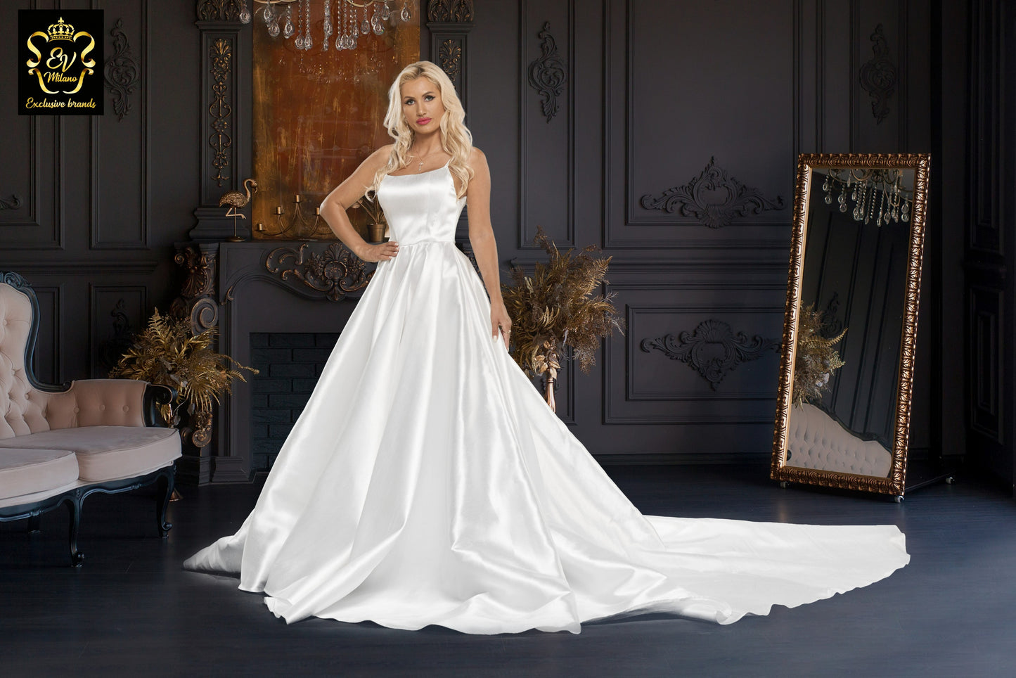 Long wedding dress with thin straps and long train EVM-1026