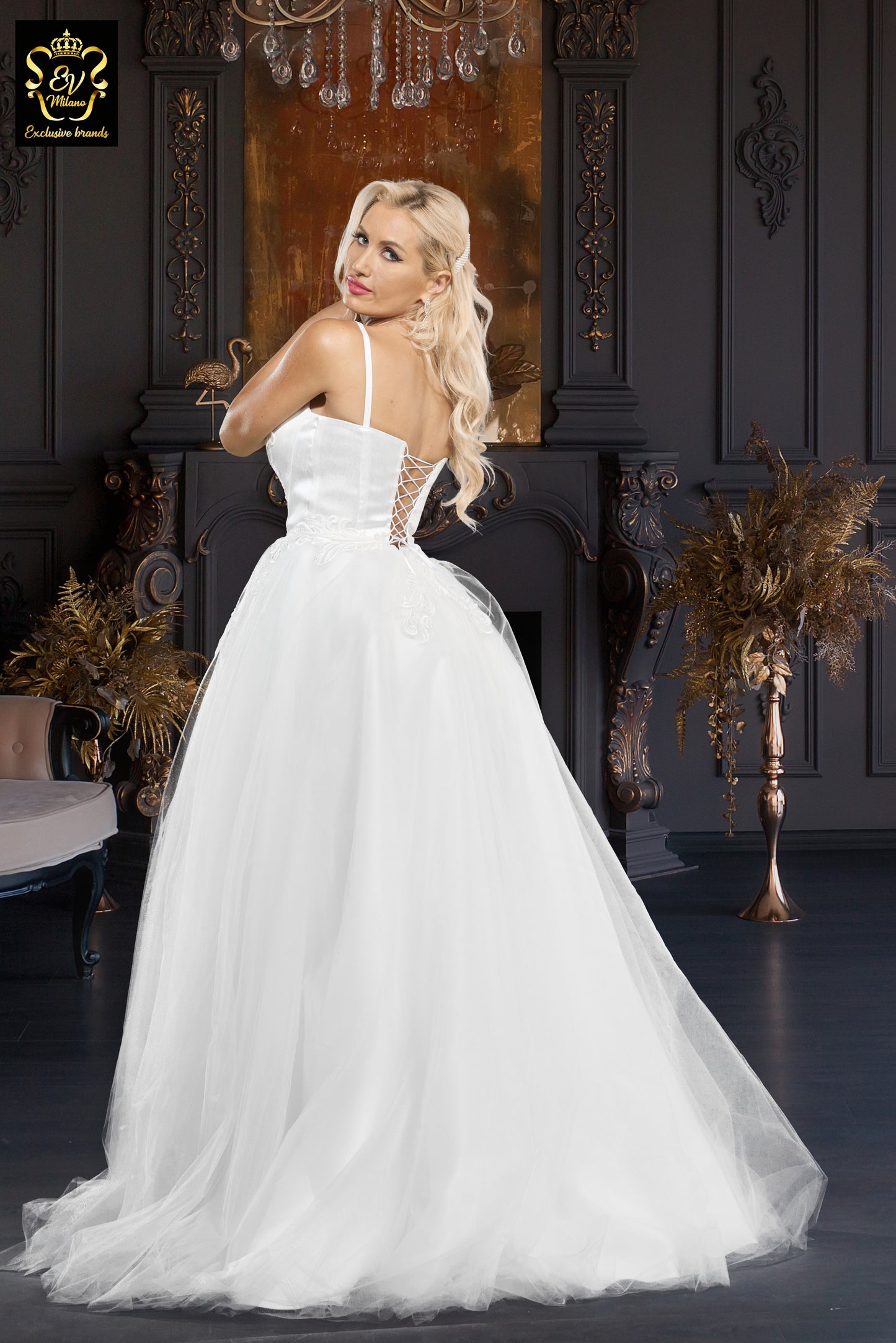 Long wedding dress with thin straps and v-neckline EVM-1027