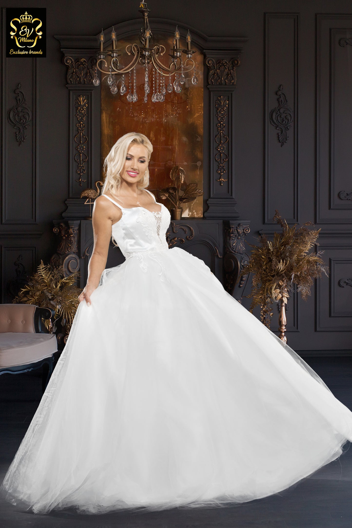 Long wedding dress with thin straps and v-neckline EVM-1027