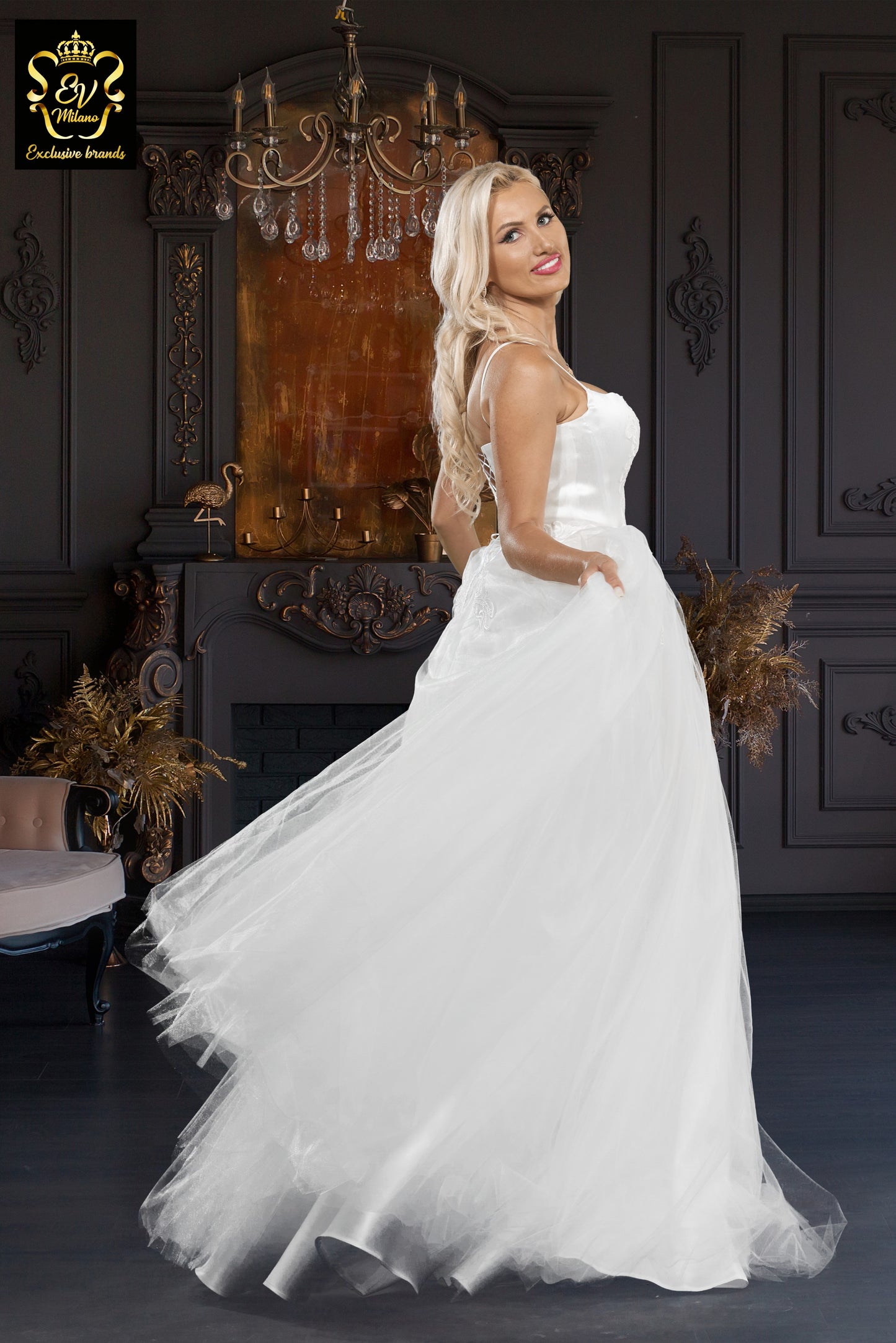 Long wedding dress with thin straps and v-neckline EVM-1027