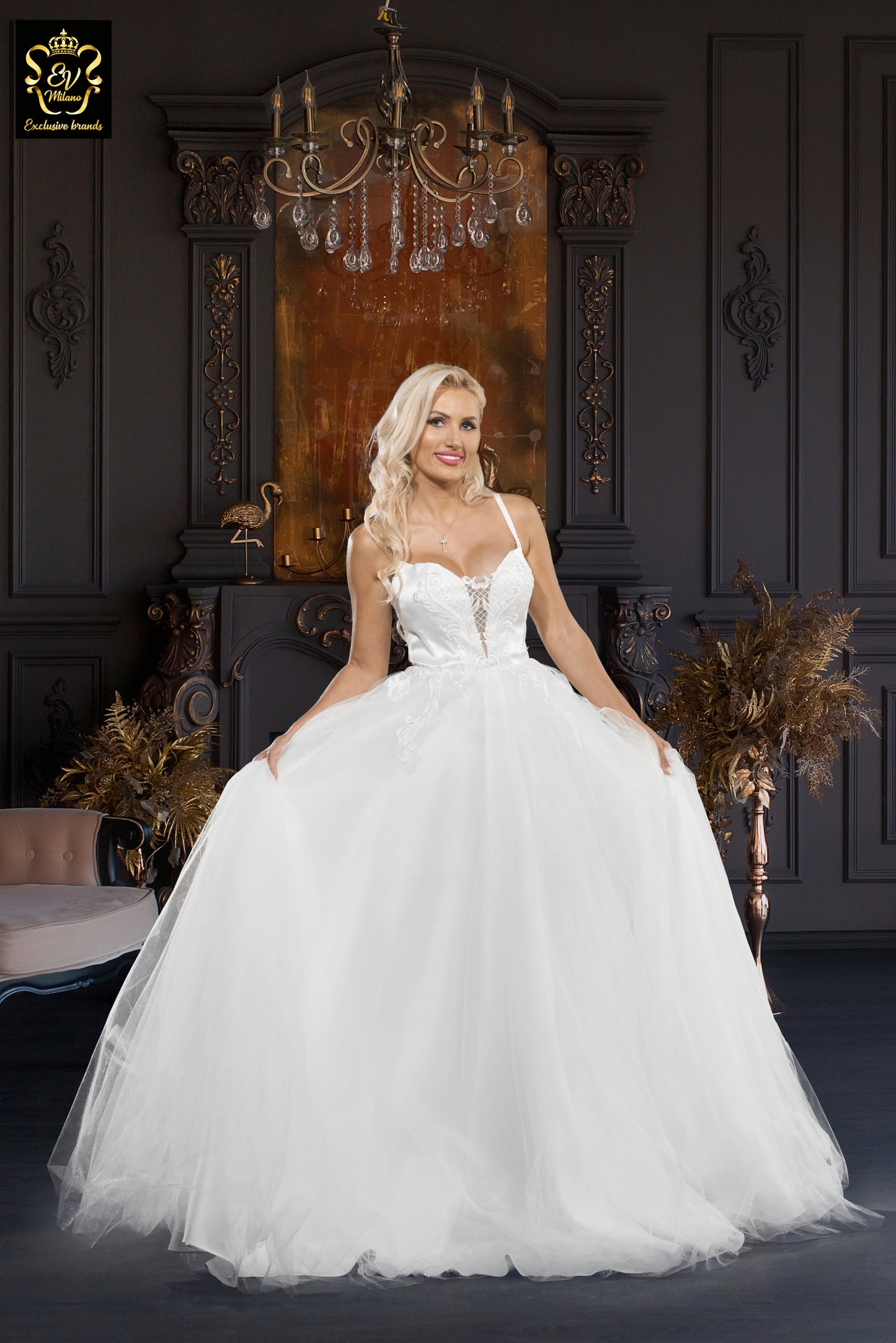 Long wedding dress with thin straps and v-neckline EVM-1027