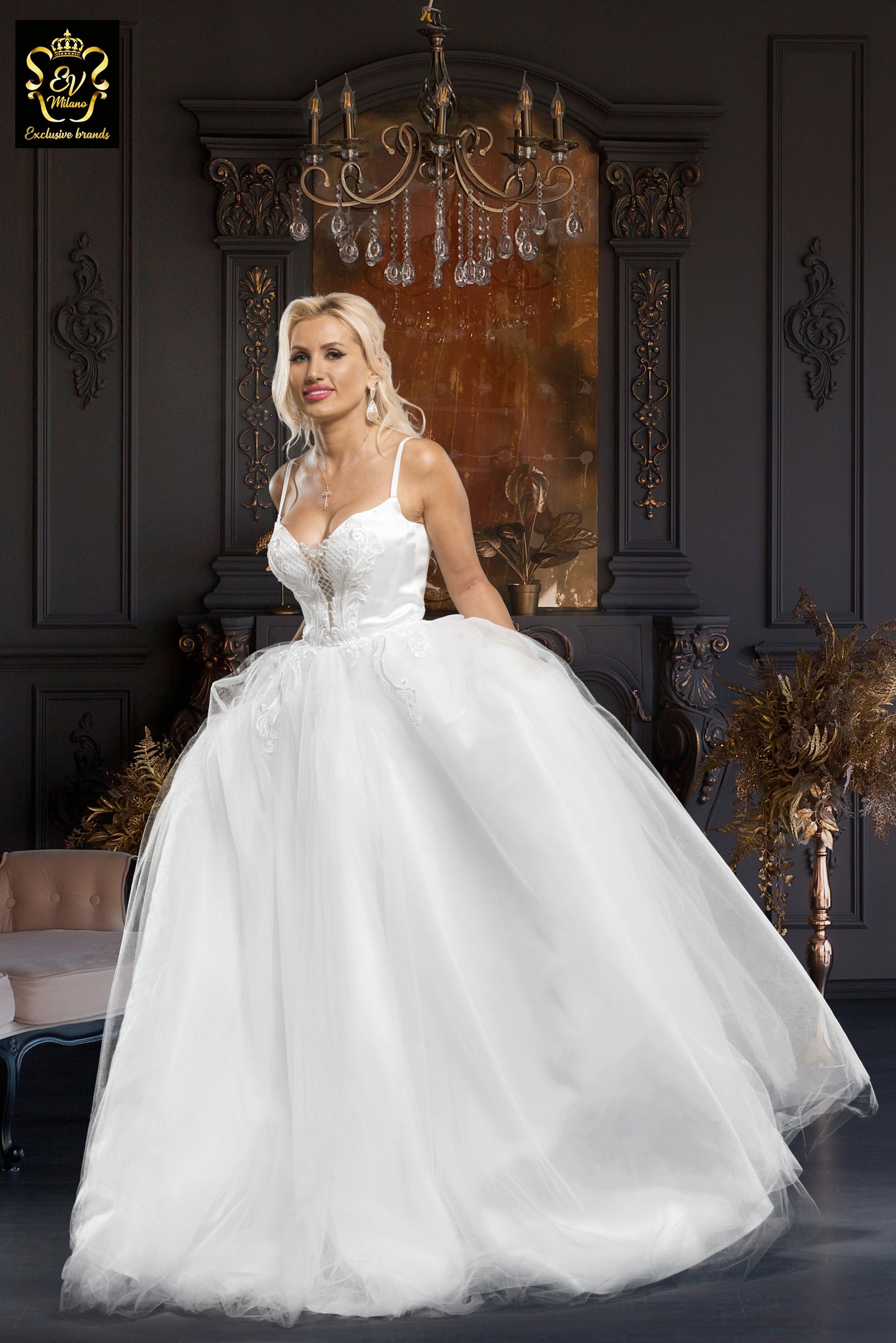 Long wedding dress with thin straps and v-neckline EVM-1027