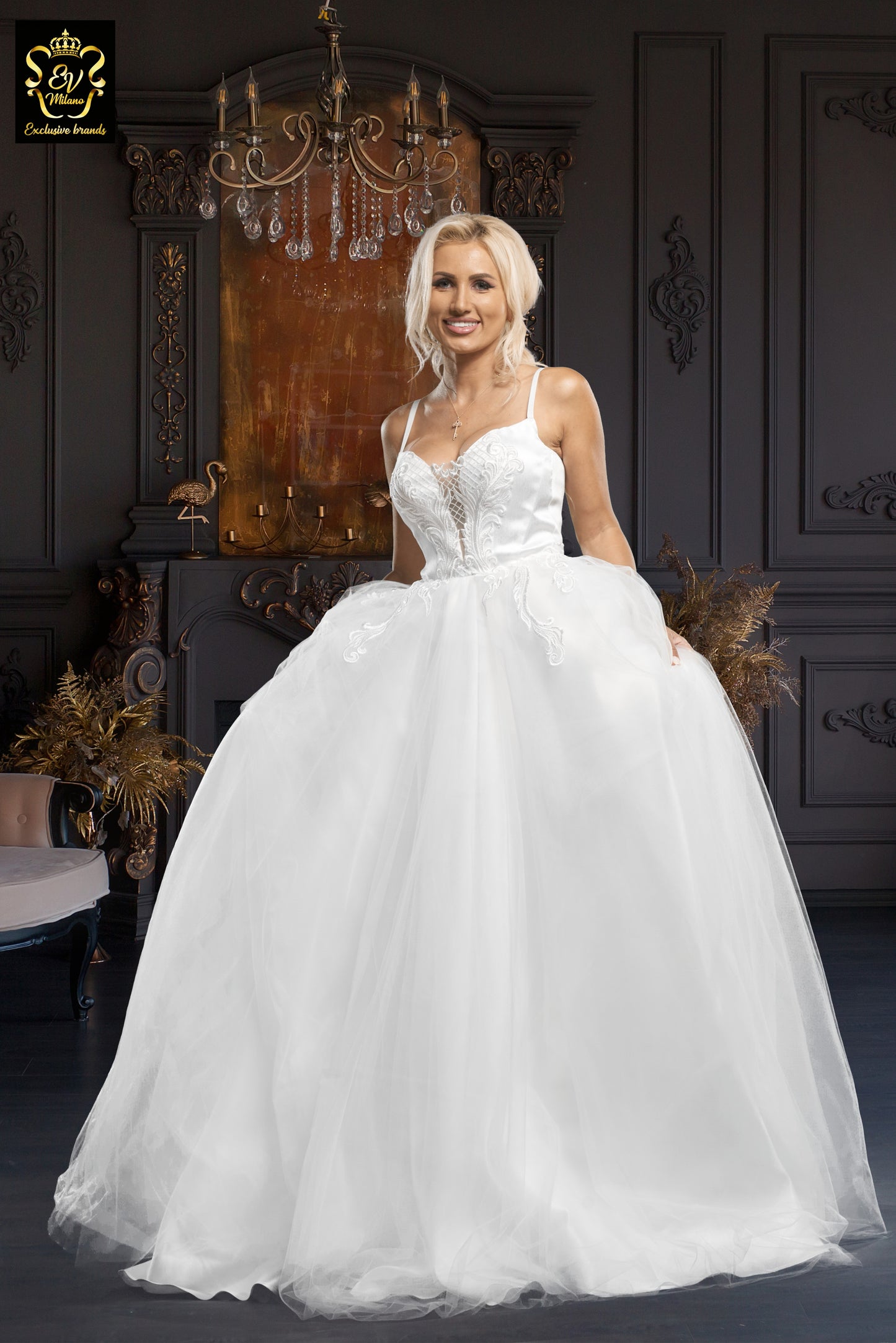 Long wedding dress with thin straps and v-neckline EVM-1027