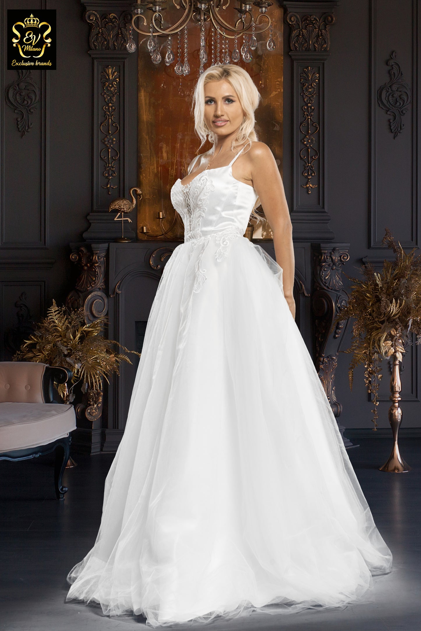 Long wedding dress with thin straps and v-neckline EVM-1027