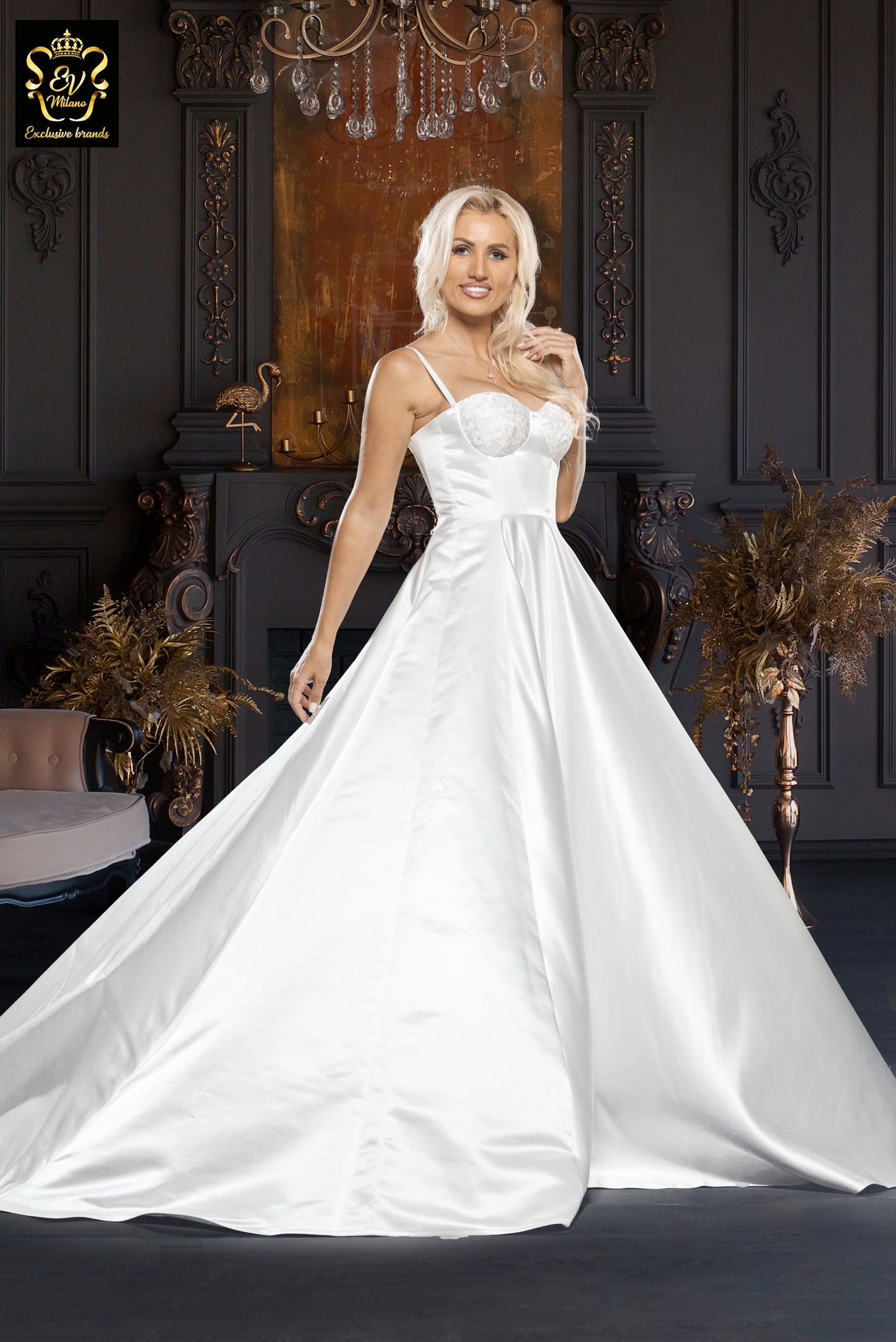 Long wedding dress with thin straps and train EVM-1028